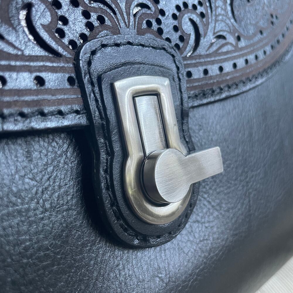 Patricia Nash Stintino Tooled Black Leather Saddle Satchel | Crossbody Turn-lock - Picture 3 of 9